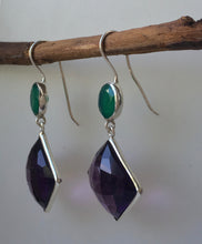 Load image into Gallery viewer, &#39;Sunset in Samoa&#39; Rich Sparkling Amethyst &amp; emerald green Onyx &#39;925&#39; Silver double drop cocktail earrings - lightly faceted gemstones
