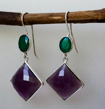 Load image into Gallery viewer, &#39;Sunset in Samoa&#39; Rich Sparkling Amethyst &amp; emerald green Onyx &#39;925&#39; Silver double drop cocktail earrings - lightly faceted gemstones
