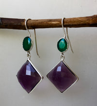 Load image into Gallery viewer, &#39;Sunset in Samoa&#39; Rich Sparkling Amethyst &amp; emerald green Onyx &#39;925&#39; Silver double drop cocktail earrings - lightly faceted gemstones
