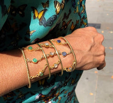 Load image into Gallery viewer, &#39;Sitting Pretty&#39; Sapphires, Chrysoprase &amp; Moonstone 4 torque bangle stack - 14ct Gold vermeil on 925 - adjustable - link connectors
