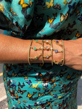 Load image into Gallery viewer, &#39;Sitting Pretty&#39; Sapphires, Chrysoprase &amp; Moonstone 4 torque bangle stack - 14ct Gold vermeil on 925 - adjustable - link connectors
