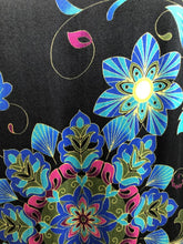 Load image into Gallery viewer, Luxurious 100% Italian Silk Satin Stretch/charmeuse silk Bold Black and turquoise print Palazzo Trouser elastic waist Fit UK Size 6 - 10
