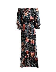 Beautiful 100% Silk Charmeuse Italian Ruffle Two-Ways Cold Shoulder Maxi Dress Coral & Turq on blackUK Size 8-12 by I LOVE LOLA London