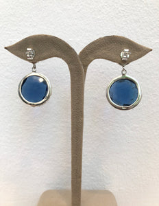 ‘Magic Mystic’ handmade Sapphire blue faceted gemstone Quartz and Labradorite cabochon earrings, scrollwork design on .925 sterling silver