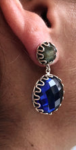 Load image into Gallery viewer, ‘Magic Mystic’ handmade Sapphire blue faceted gemstone Quartz and Labradorite cabochon earrings, scrollwork design on .925 sterling silver
