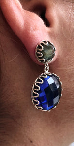 ‘Magic Mystic’ handmade Sapphire blue faceted gemstone Quartz and Labradorite cabochon earrings, scrollwork design on .925 sterling silver