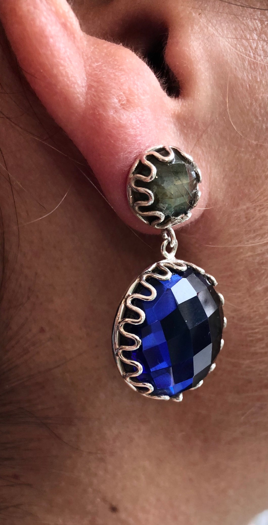 ‘Magic Mystic’ handmade Sapphire blue faceted gemstone Quartz and Labradorite cabochon earrings, scrollwork design on .925 sterling silver