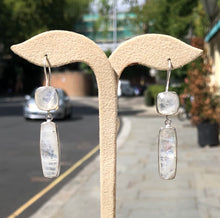 Load image into Gallery viewer, ‘ Ocean Tides ‘ rainbow Moonstone baguette shaped .925 sterling silver earrings
