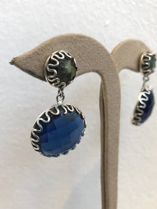‘Magic Mystic’ handmade Sapphire blue faceted gemstone Quartz and Labradorite cabochon earrings, scrollwork design on .925 sterling silver