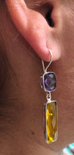 Load image into Gallery viewer, &#39;Treasure Chest&#39; 14ct gold vermeil on 925 Silver faceted Amethyst &amp; Lemon Quartz baguette double drop dangly statement earrings
