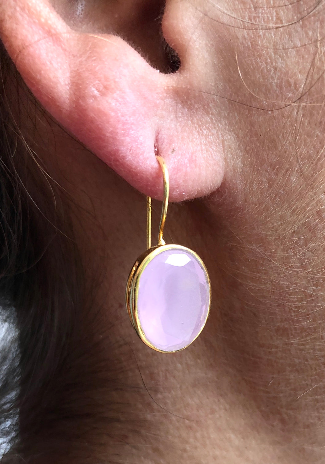 ‘ Sugar Candy ‘ Rose Quartz cabochon gemstone drop earrings in 14k vermeil .925 sterling silver
