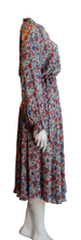 Load image into Gallery viewer, Luxurious 100% Italian Silk Satin Stretch Pearl Grey Base with Reds and Blue Print Dress Side Pockets Separate Belt Raglan Sleeves UK Size 8 - 10 by I LOVE LOLA

