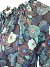 Load image into Gallery viewer, Luxurious 100% Italian Silk Charmeuse 80 gsm Navy Blue, Emerald Green and Blue Poppy Print Top ruffle collar Blouse 3/4 Raglan Sleeves UK Size 6 - 12 by I LOVE LOLA London
